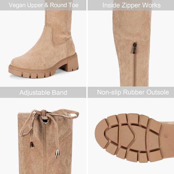 Women's Platform Boots-990-sand Over The Knee Thigh High Round Toe Long Boot - Picture 3 of 8